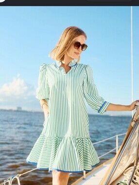MARY SQUARE Naomi Striped Ruffle Hem Puff Sleeve Green/White/Blue Trim Dress(M)